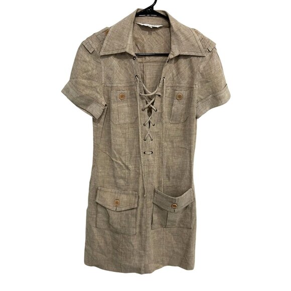 Trina Turk Beige Linen Blend Short Sleeve Lace-Up Front Utility Dress  Sz 2 - Picture 1 of 10